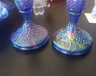 blue Fenton Carnivale glass candle holders 