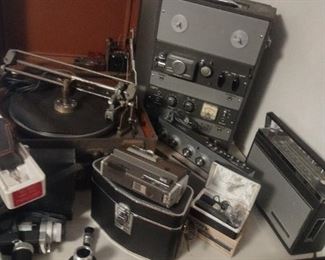 vintage record kutter and cameras and reel to reel 