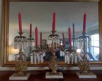 vintage brass candelabras with crystal prisms and marble base NICE