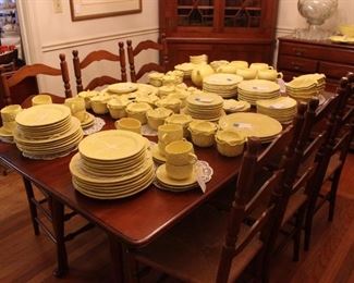DINNING ROOM TABLE W/6 CHAIRS,  VINTAGE 1950'S SECIA YELLOW CABBAGE DISHES-MAJOLICA LEAF FORM