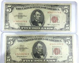 (2) 1963 $5 Red Seal Notes, Fine Condition