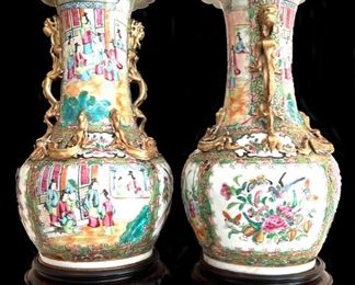 Pair of Famille Rose Vases
with Applied Gilt Handles