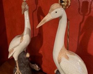 Pair porcelain crane lamps