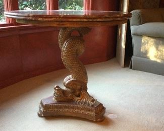 Carved and gilded Italian dolphin pedestal table with marble top ( Fabulous)