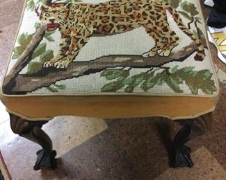 Needlepoint ball and claw footstool with leopard