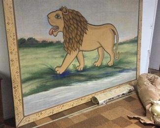 Large painted fabric panel of a lion 
