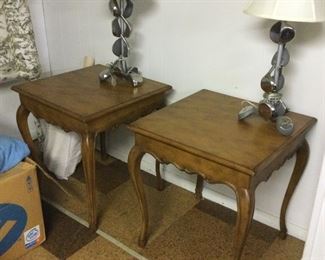 Pair French side tables , pair of golf club lamps 