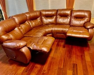 Brown Leather Dual Reclining Sectional Sofa - Reclined