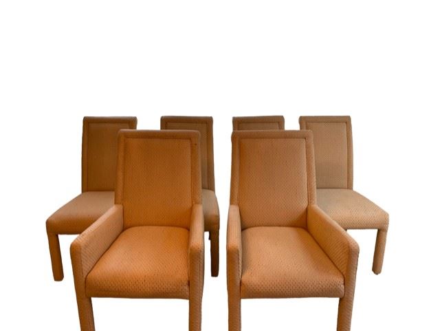 $290 USD     6 Upholstered Dining Chairs 4 Side & 2 Armchairs MA133-43        Description: Mid century set of 6 dining room chairs includes two comfortable armchairs. Entire chair is upholstered with beige and white fabric.
Condition: In very good used condition with only minor signs of wear consistent with use and age.
Dimensions: 21" x 26" x 41"H 
Location: Local pick up Bethesda, MD.  Contact us for shipper suggestions     https://goodbyhello.com/products/6-upholstered-dining-chairs-includes-2-armchairs-ma133-43?_pos=1&_sid=3487b668b&_ss=r