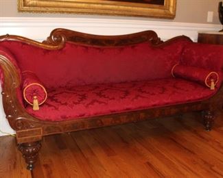 Presale @ $4998
American Empire Mahogany sofa. Scrolled back with melon feet and upholstered in original red damask. Attributed to Boston. Circa 1840
Dimensions: 36”H x 86”W x 20”D
Stock #015
