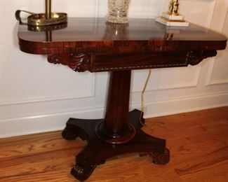 Presell @ $4498
American Classical Mahogany Games Table, Philadelphia, leather playing surface. In the manner Voss. Circa 1820
Dimensions:29”H x 35”W x 18”D
Stock #20