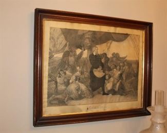 Presell @ $498
Engraving titled “Columbus” - in walnut frame with gilded border. Water damage and discoloration. Circa 19th Century 
Dimensions: 26” x 31 1/2 “W
Stock #042
