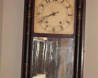 Presell @ $798
Seth Thomas clock with walnut case. Gold stenciling decoration on crest and pilasters. Clock retains original label. Wooden workings. Circa 1820
Dimensions: 71”H x 38”W x 24”D
Stock #044