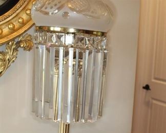 Presell - $2248
Sinumbra Lamp, brass with prisms, reproduction with classical stylings which include fluted column and stepped base with frosted etched shade. Circa 20th Century. 31"h
Stock #005