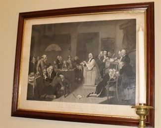 Presell @ $1998
Steel Engraving from painting by Matteson based on a firsthand drawing by one of the delegates. Titled “First Prayer in Congress”. Dated September 1774
Dimensions: 23”H x 28”H
Stock #043