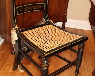 Presell @ $2998
American Side Chairs Set of Six. Ebonized and stenciled with cane seats. Shaped crest and flat. Retains original finish, newer caning. Circa 1830
Dimensions: 32”H x 16” W
Stock #014
