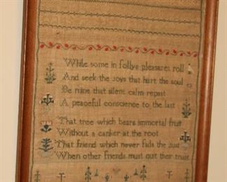 Presell @ $1298                                                                   Antique Sampler of Mary Evans School Work - Great condition, no fraying or discoloration, mounted in antique wooden frame. Sister to other sampler.   
Dated 1821.   Approx: 16x12                                               Stock #057             