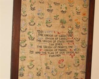 Presell @ $1298                                                                   
Antique 49 State Birds w/ Flag Cross stitch/ Needlepoint - Great condition, no fraying, no discoloration, antique wooden frame. Circa 1820s  Stock #058
