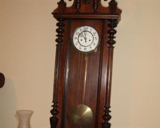 Presell @ $2498
Gustav Becker Regulator Clock - in walnut case with turned pilasters and finials flanking each side of the eagle crest. Circa 1840
Dimensions: 50”H x 14”W x 5 1/2”D
Stock #047