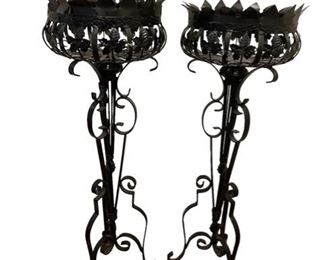 $750     Pair of Large Wrought Iron Leaf Design Plant Flower Stands CD131-63     Description: Gorgeous pair of wrought iron jardinières or plant stands featuring a rich patinated metal finish. Covered with beautiful wrought iron leaves over a scrolled base with tripod legs.  Large 12 inch opening on top of planters
Condition: Excellent condition
Dimensions: 12 x 12 x 32"H
Local pick up Leesburg, VA.  Contact us for shipper suggestions.     https://goodbyhello.com/products/pair-of-wrought-iron-leaf-design-plant-flower-stands-cd131-63?_pos=33&_sid=81d502833&_ss=r