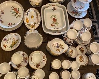 130 piece set of EVESHAM made in England China. 21 Serving pieces. 20 dinner planted and cups with saucers. Various jam jars, au gratin and casserole, soup bowls with saucers, large and small soufflé. Will sell pieces separately. 