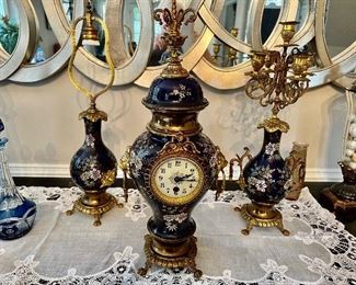 Antique Belgian clock, candlestick, lamp