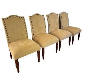 $1,500.00 USD     4 Tan Velvet Parsons Chairs w/Barely Twist Legs & Nailhead Trim MK144-9     Description: Decorate your home with these chic and elegant chairs.  Dark square nailhead trim on the back gives these chairs even more traditional appeal. Solid barley twist wood legs finished in mahagony brown.
Condition: Excellent
Dimensions: 21 x 22 x 40"H
Local pick up McLean, VA AFTER 1/1/23.  Contact us for shipper suggestions     https://goodbyhello.com/products/4-dining-chairs-square-tack-trim-velvet-upholstery-wood-spiral-legs-mk144-9?_pos=1&_sid=3713068f4&_ss=r