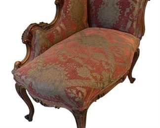 $800     Antique Corner Upholstered Carved Wood Chair Chaise DG145-9     Description: From England.  With gorgeous, carved wood detailing, this antique upholstered chaise lounge is an affordable choice which itself makes a perfect look for any interior.  If you love to listen to music which you kick back and relax, this is the chaise for you or grab a book and relax on this gorgeous piece.  This comfortable chaise is perfect for accommodating single guests.  
Condition:  Very good
Dimensions: 32 x 19 x 33"H
Local pick up Rockville, MD.  Located on the second floor.  Contact us for shipper suggestions.      https://goodbyhello.com/products/antique-corner-upholstered-carved-wood-chair-dg145-9?_pos=5&_sid=393e46d62&_ss=r