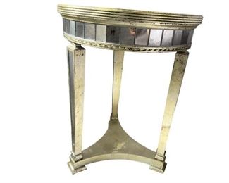 $320     Hollywood Regency Round Apron Inset Mirror Gold Wood Accent Side Table DG145-5       Description: Hollywood Regency Style Accent Table.  The apron rail is inset with antiqued mirror tiles, above which there is a foxed mirror top.
Condition: Very good
Dimensions: 20 x 20 x 26"H
Local pick up Rockville, MD.  Located on the second floor.  Contact us for shipper suggestions.        https://goodbyhello.com/products/round-gold-glass-accent-side-table-dg145-5?_pos=10&_sid=393e46d62&_ss=r