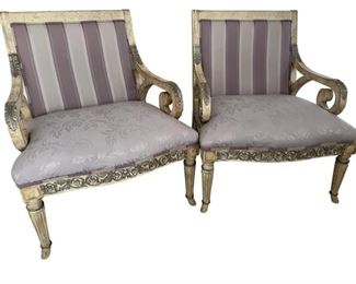 $1200     Pair of Purple Louis XV Style Custom Chairs DG145-4     Description: Inspired by French antiques, the stunning accent chair is stylish addition to a sitting room, reading nook or living room. Featuring double-sided carved detailing and a contrasting upholstery in purple hue, this accent chair is designed to be beautiful from every angle.
Condition: Very good
Dimensions: 31 x 31 x 36"H
Local pick up Rockville, MD.  Located on second floor.  Contact us for shipper suggestions.     https://goodbyhello.com/products/pair-of-purple-custom-chairs-dg145-4?_pos=8&_sid=393e46d62&_ss=r