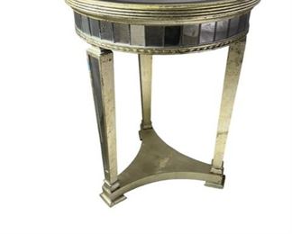 $320     Hollywood Regency Round Apron Inset Mirror Gold Wood Accent Side Table DG145-5       Description: Hollywood Regency Style Accent Table.  The apron rail is inset with antiqued mirror tiles, above which there is a foxed mirror top.
Condition: Very good
Dimensions: 20 x 20 x 26"H
Local pick up Rockville, MD.  Located on the second floor.  Contact us for shipper suggestions.        https://goodbyhello.com/products/round-gold-glass-accent-side-table-dg145-5?_pos=10&_sid=393e46d62&_ss=r