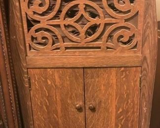 $800     Vintage Silvertone Phonograph DG145-18     Description:  Antique Sears and Roebuck Silvertone Phonograph.   Features a nice cut geometric medallion over the speaker and lower storage below.
Sears and Roebuck began using the Silvertone name in early 1916. First, for its line of phonographs, then radios, musical instruments, televisions... ultimately applying it to nearly any entertainment or electronic related item right on into the early 1970s
Condition:  Light wear commensurate with age.  Cloth in front of speaker needs to be replaced.  In working condition                                            https://goodbyhello.com/products/vintage-silvertone-phonograph-dg145-18?_pos=1&_sid=393e46d62&_ss=r