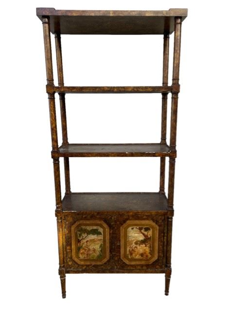 $700 - Vintage Chinoiserie Etagere Bookcase Trouvaille Inc AB147-7                                                                                                    Description: Offered is a vintage wood chinoiserie style display cabinet. This stunning chinoiserie with decorated finish, a base cabinet for hidden storage, hand painted and two stationary shelves. 

Condition: Good condition for age.  Small areas will need to be touched up

Measurements: 29 x 13 x 71"H

Local pick up Rockville, MD.  Contact us for shipper suggestions