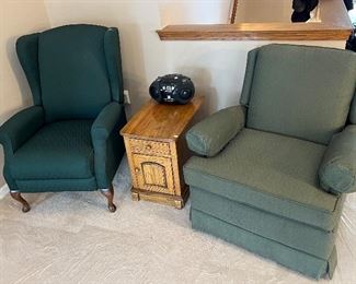 WINGBACK CHAIR, GREEN RECLINER, END TABLE