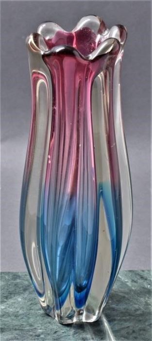 Art Glass Ribbed Bud Vase Rose & Blue - Murano

