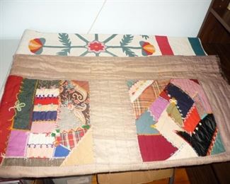 Lots of quilts  ALL are hand stitched  This crazy quilt has over 20 squares -still GOOD  the brown base is FAIR