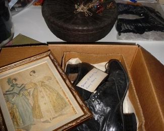VERY  old antique shoes /also not shown  are a pair of  Paradise Kittens Heels Pumps  and sewing basket