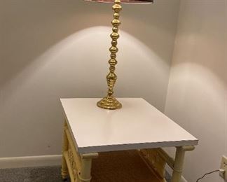 Bamboo Laminate Side Table and Brass Lamp