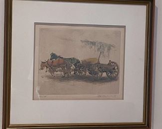 Signed 1969 Print of Horses Wagon by Ira Moskowitz