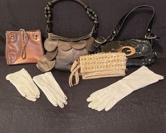 Assortment of Handbags and White Leather Gloves