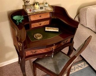 French leather top writing desk and chair
28” w, 22” d, 39” h

