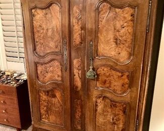 Absolutely stunning antique French armoire, custom fitted with shelves and fully upholstered in the interior
57” w, 24” d, 79” h
