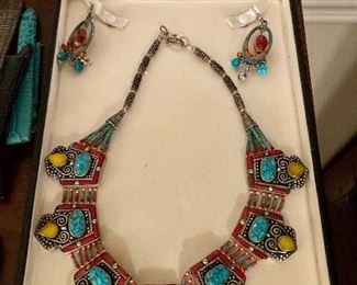 Turquoise and coral necklace with matching earrings 
