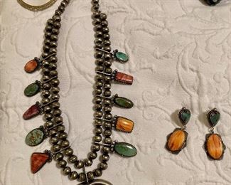 Navajo Sterling squash blossom necklace and earrings set by Harry Morgan

