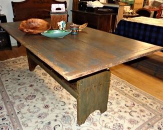 Antique hutch table in old blue paint (6’7” x 37”)