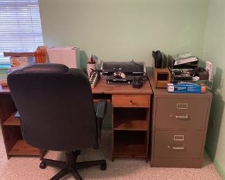 Metal Filing Cabinet, Desk, Chair