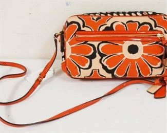 	ORANGE, TAN AND BLACK COACH FLORAL BAG WITH KEY CHAIN CARD CASE. APPROXIMATELY 9 1/2 IN L X 4 IN H X 2 IN
