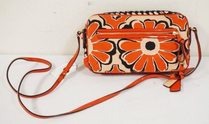 	ORANGE, TAN AND BLACK COACH FLORAL BAG WITH KEY CHAIN CARD CASE. APPROXIMATELY 9 1/2 IN L X 4 IN H X 2 IN
