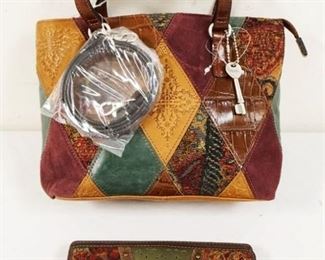 	FOSSIL LEATHER AND EMBROIDERED BAG WITH MATCHING WALLET, NEW WITH TAGS. APPROXIMATELY 10 IN L X 7 1/2 IN H X 3 1/2 IN
