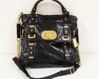 1019	BADGLEY MISCHKA BLACK LEATHER CHAIN BAG, NEW. APPROXIMATELY 14 IN L X 13 1/2 IN H 
